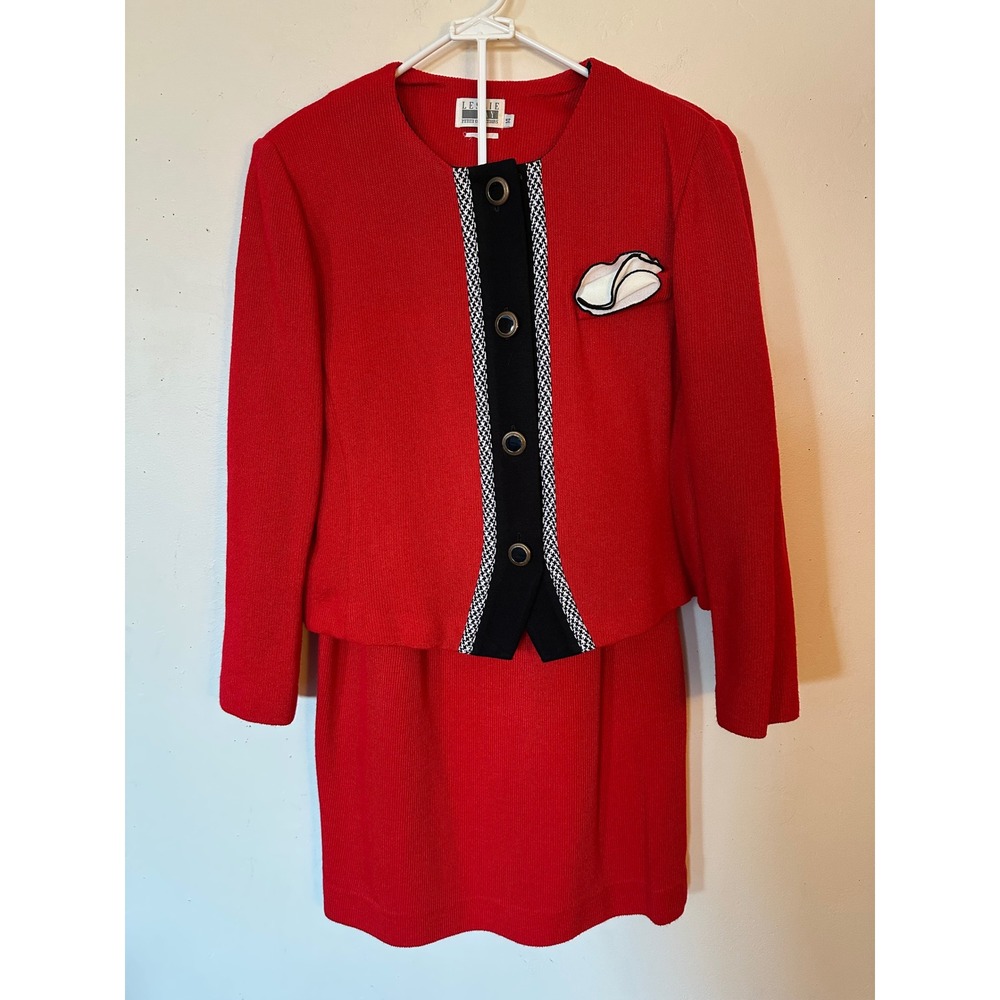 Vintage 80/90s Leslie Fay Petite Red Ribbed Knit Skirt Suit Set Vintage Size 14P